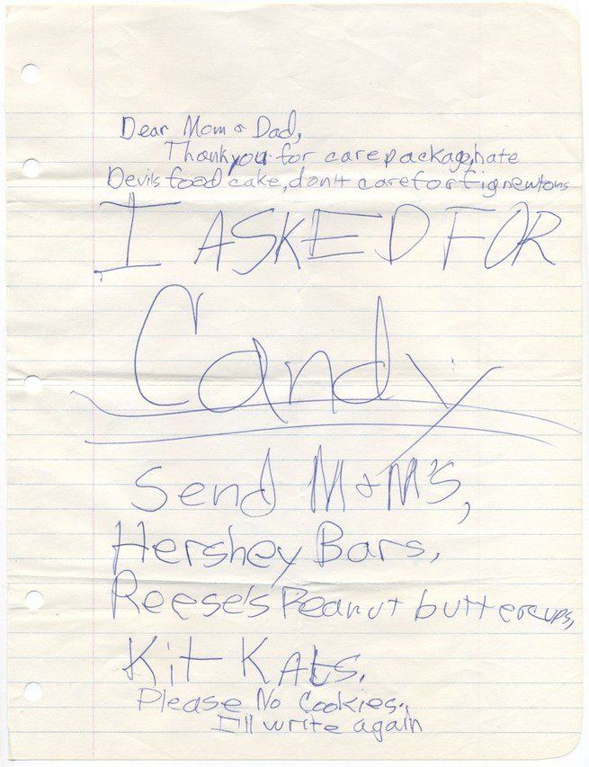 camp note asking for candy