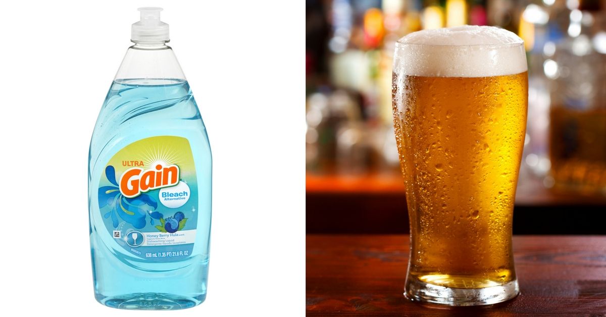 Side by side of dish soap and beer