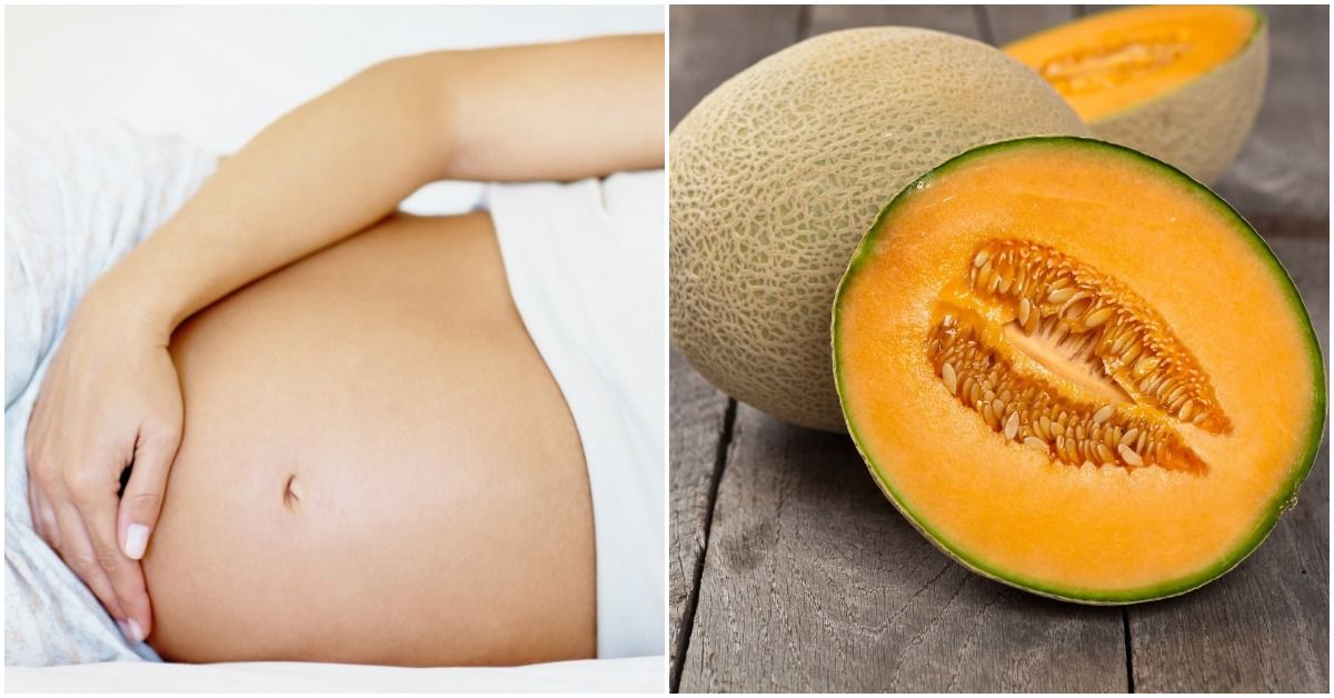 24 week pregnant stomach and a cantaloupe