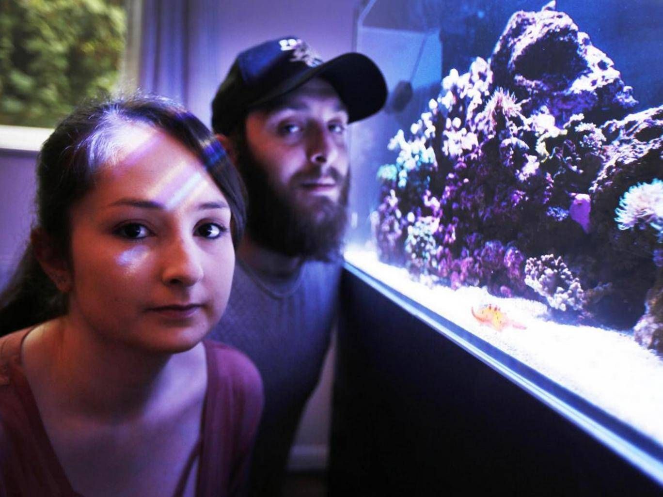 Chris Matthews and his girlfriend beside a fish tank