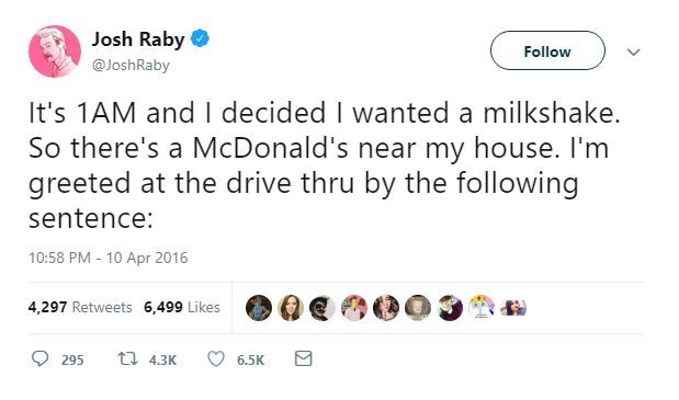 Tweet about getting a milkshake