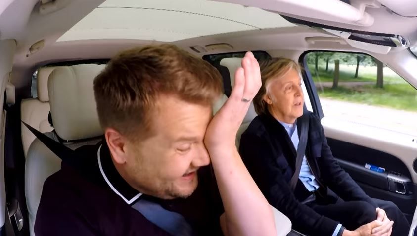 Paul McCartney and James Corden in the car