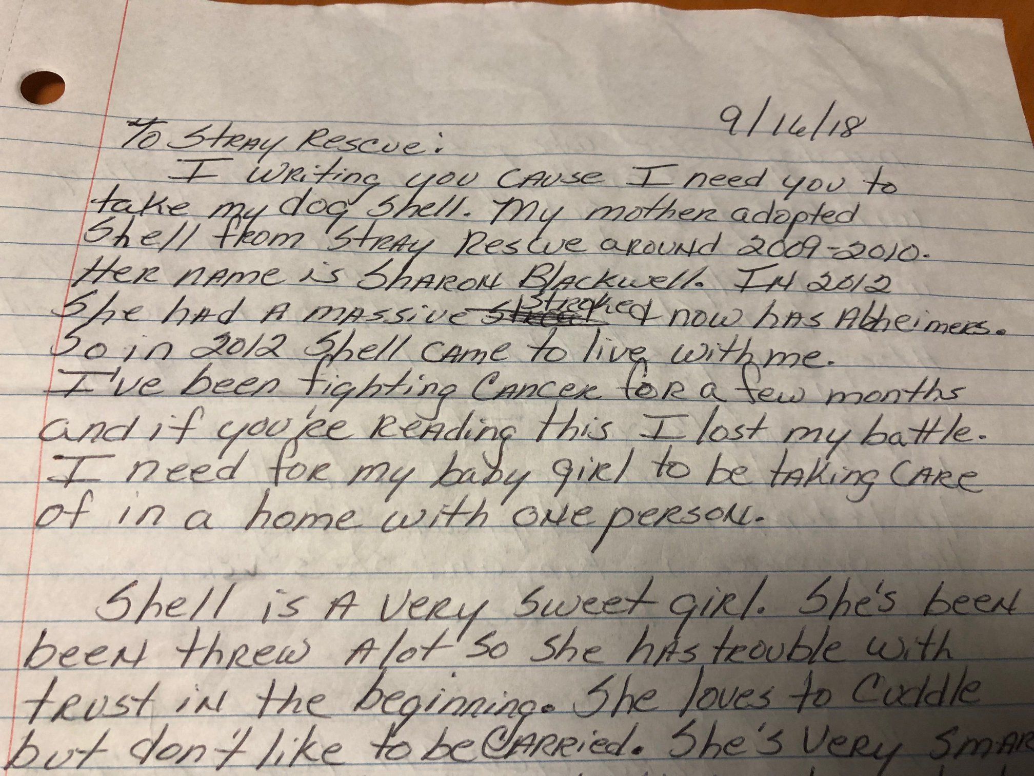 Letter left with dog at shelter