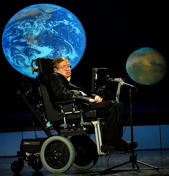 Stephen Hawking giving a lecture for NASA's 50th anniversary