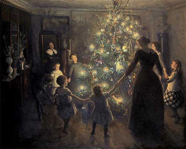 Woman with family around the Christmas tree