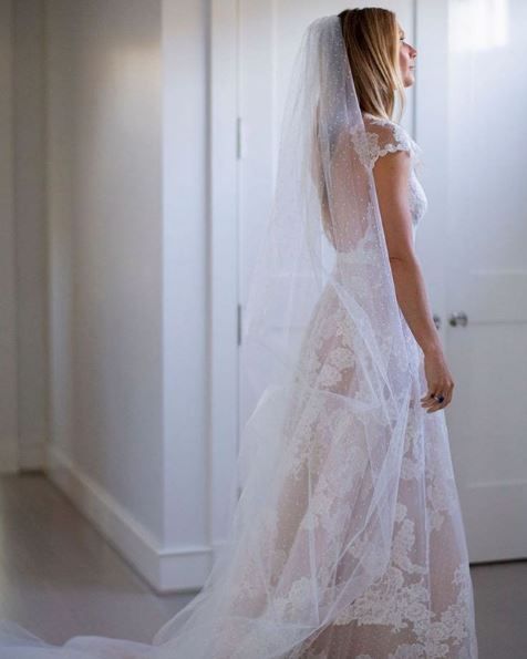 A full view of the back Paltrow's wedding gown.