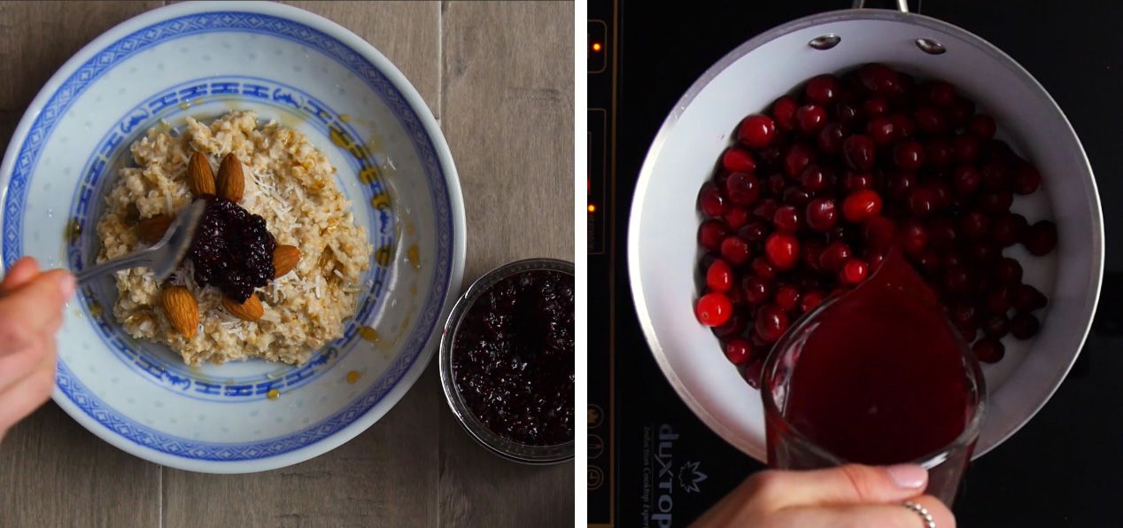 photo may contain overhead shot of oatmeal in a blue and white bowl with almonds and chia jam