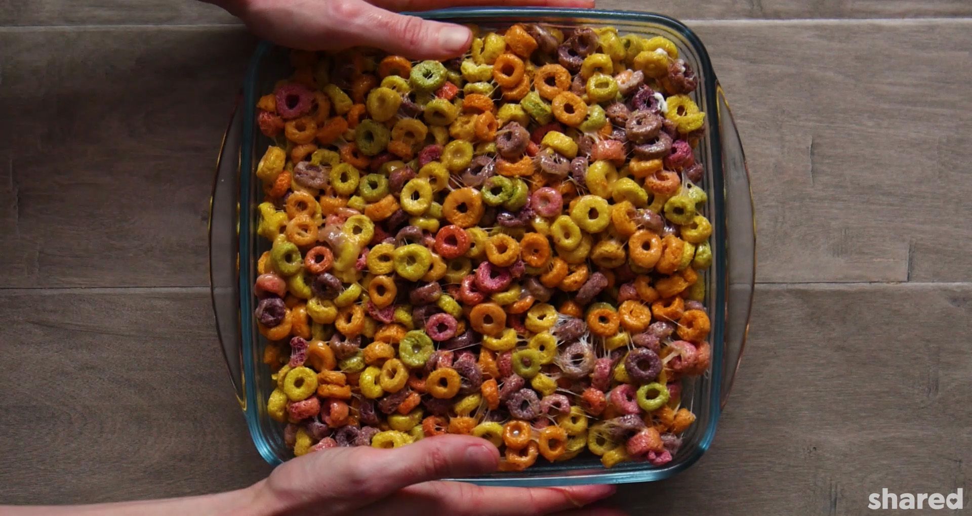 fruit loop squares pressed into a 9x9 inch baking pan