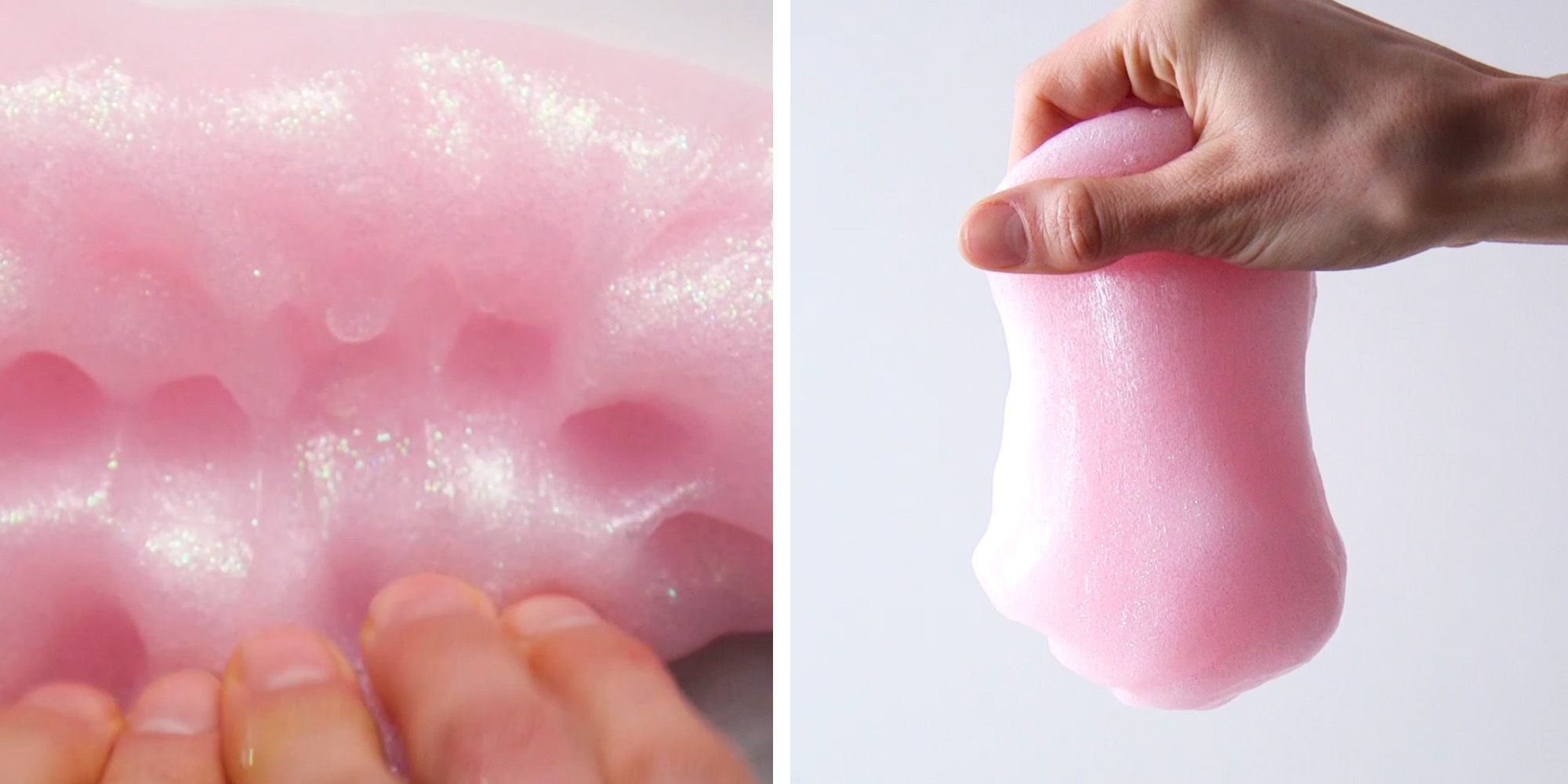 Light pink glitter slime being played with by a set of hands