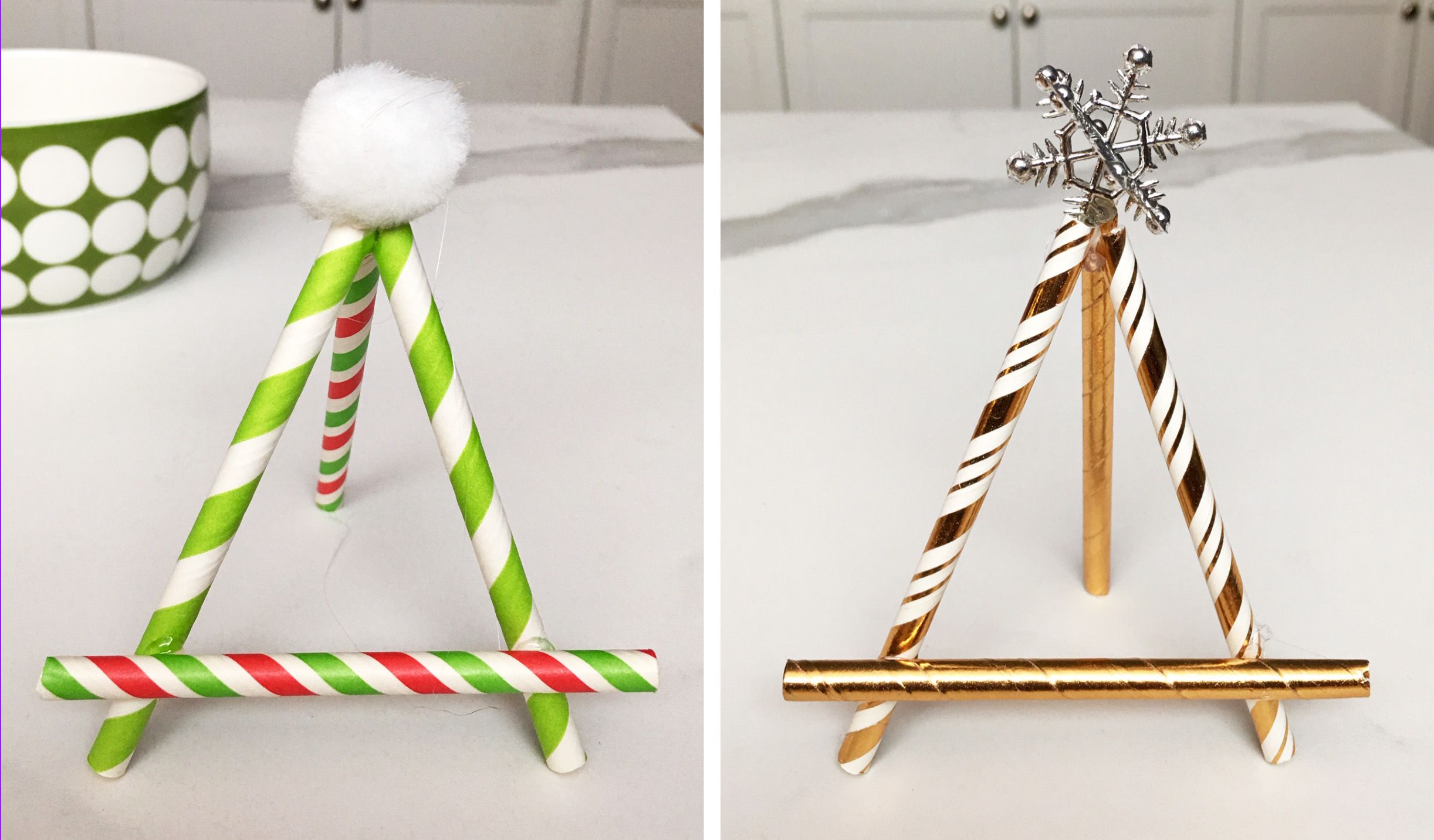 2 green and gold festive place card holders made out of paper straws