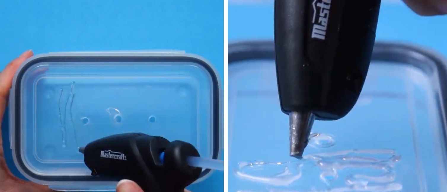 Hot glue being squeezed onto a tupperware lid