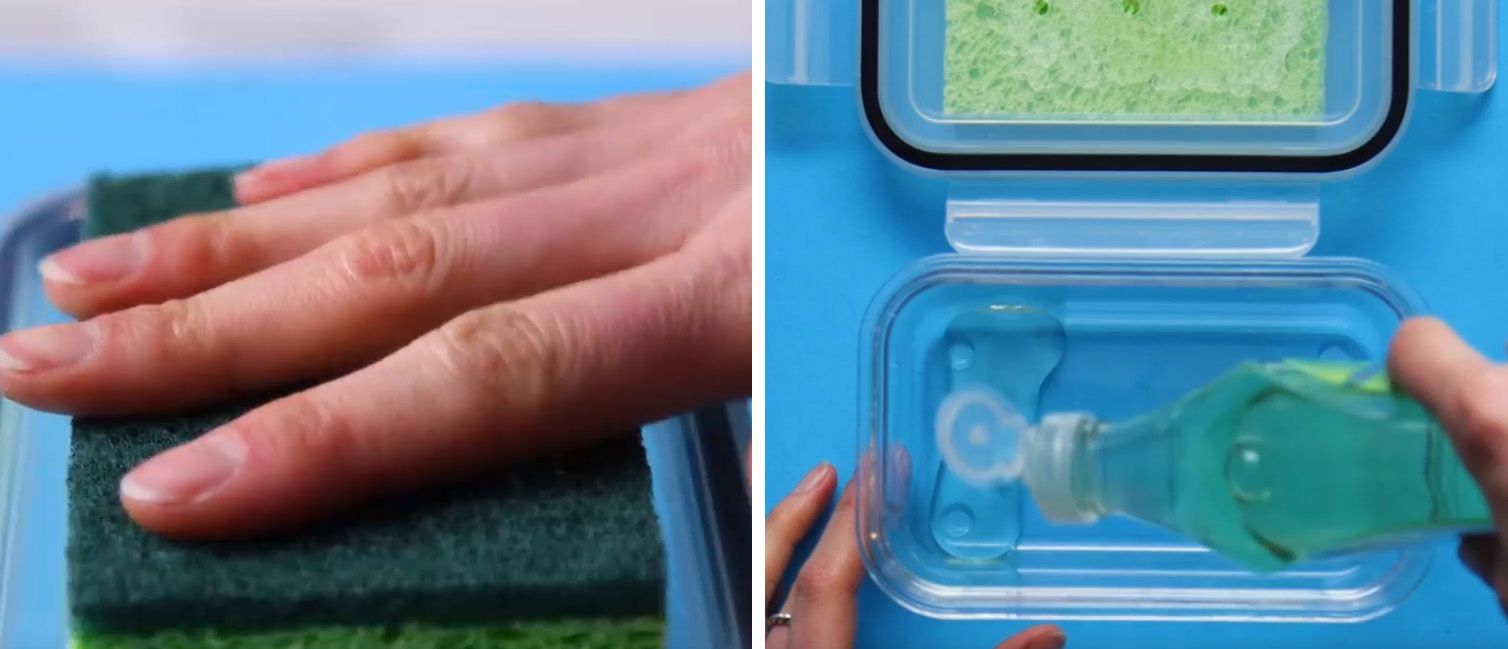 green dish sponge being glued onto a tupperware lid