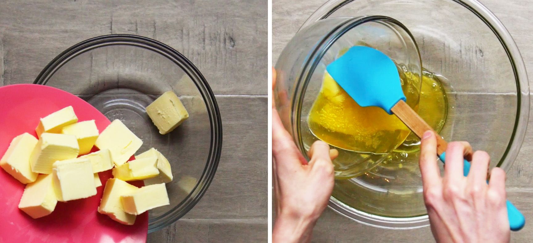 image may contain two photos side by side of cubes of butter and the second of half melted butter being scraped into a glass bowl