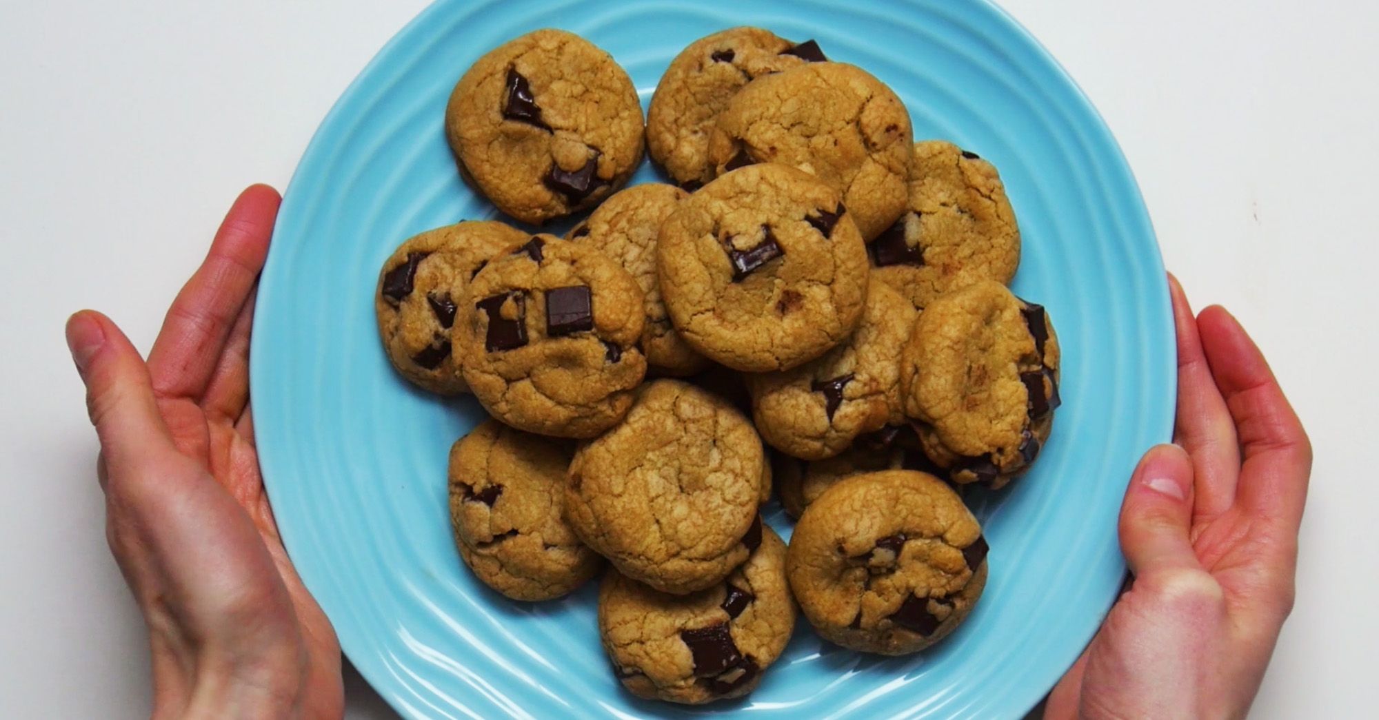 image may contain perfectly chewy chocolate chip cookies on a blue plate