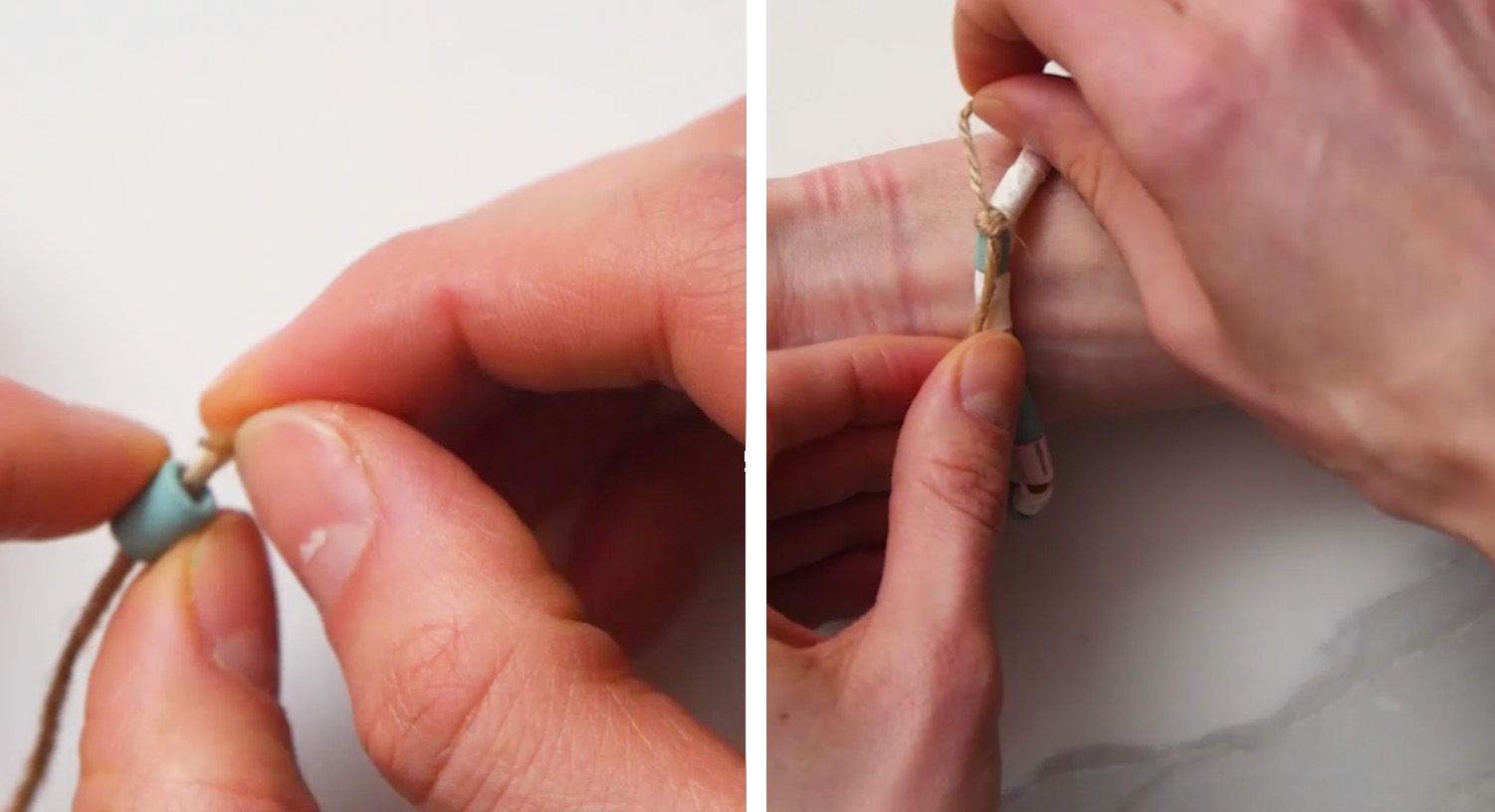 green tubetti pasta being threaded onto a necklace string