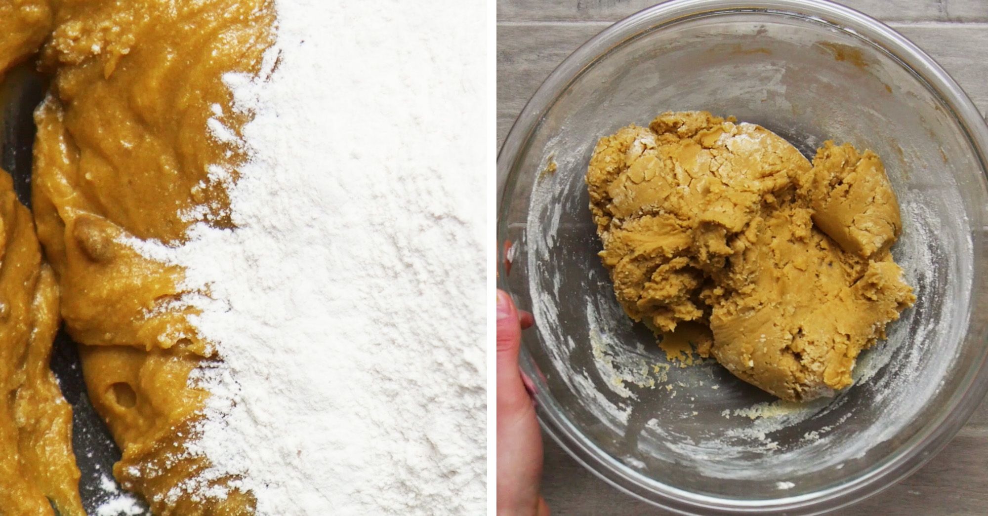 a close up of flour being mixed into cookie batter