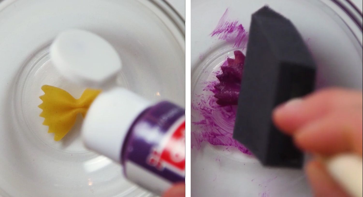 single piece of bowtie pasta being painted purple 