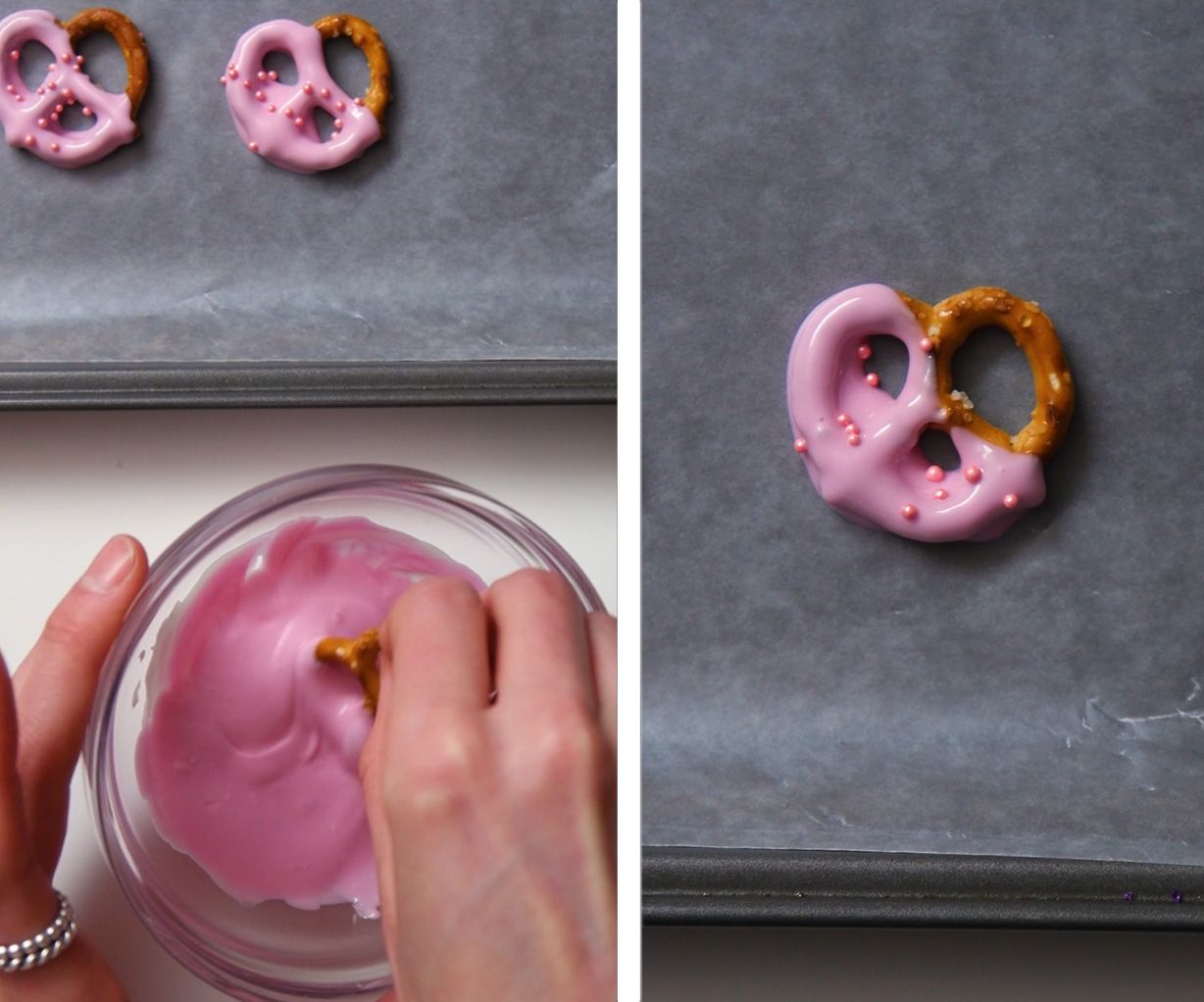 mini pretzel coated in pink candy melt