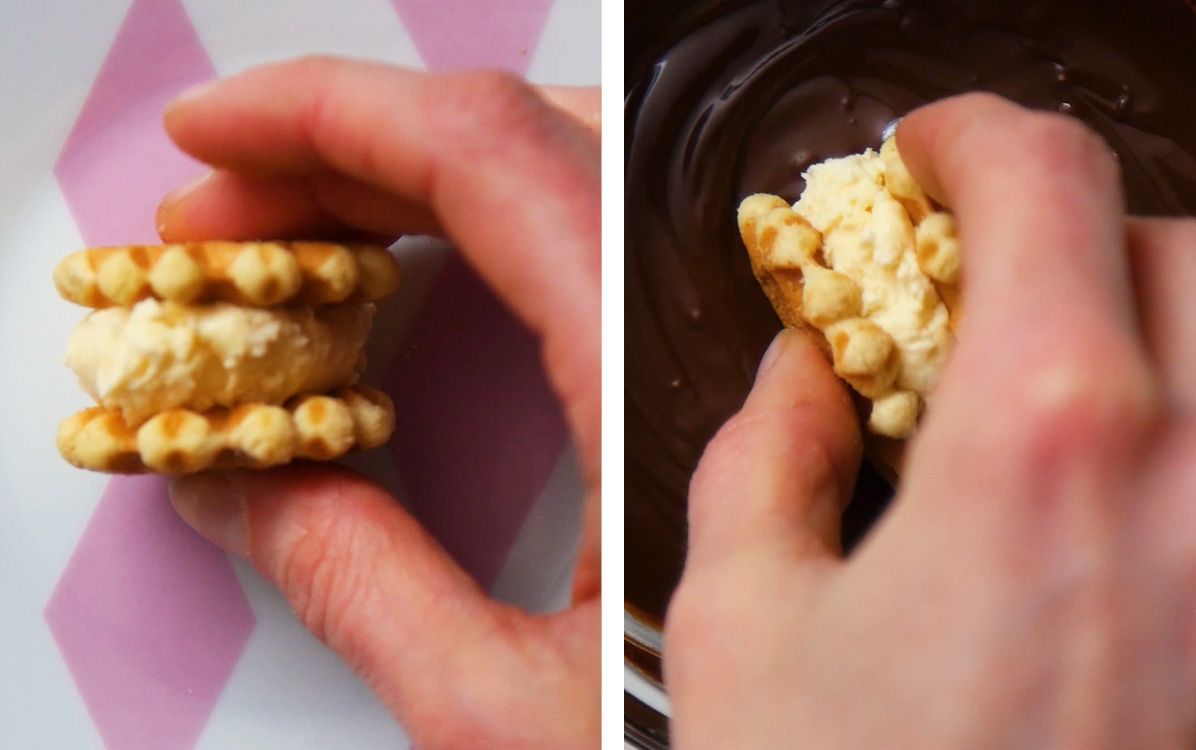 mini wafer ice cream sandwich being made and dipped in chocolate