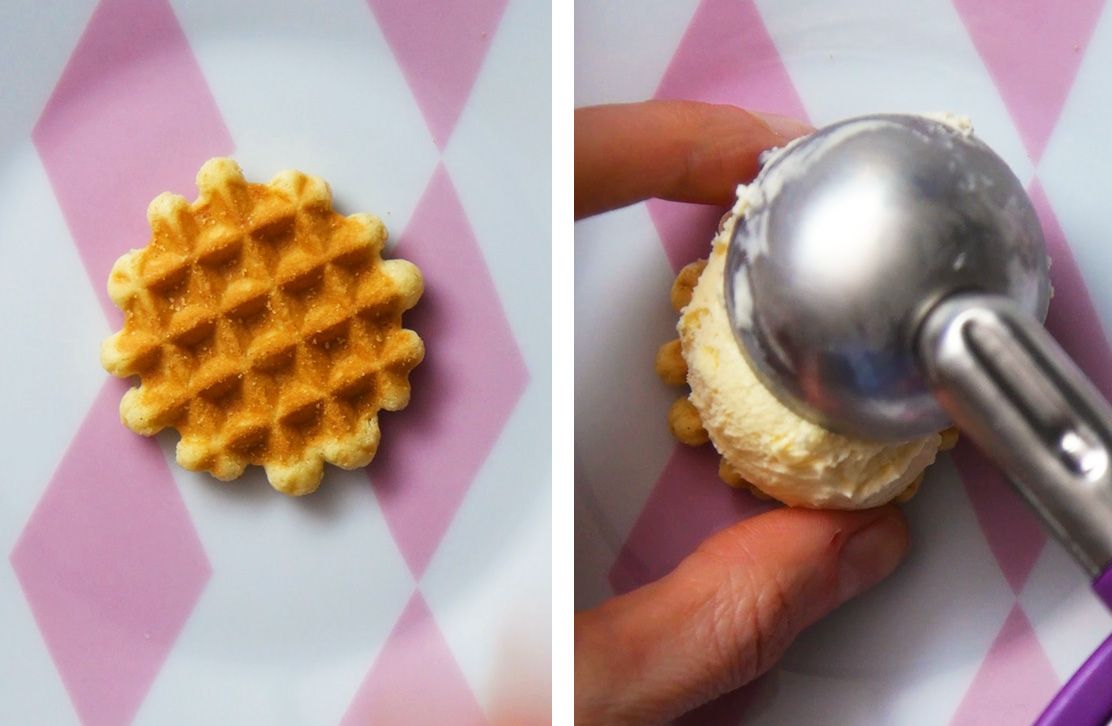 waffle wafer with a scoop of vanilla ice-cream being placed on top