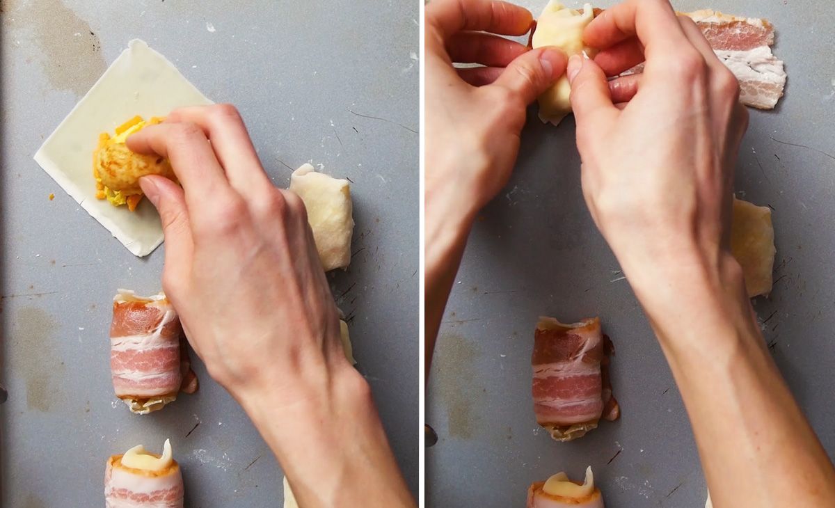 mini wonton breakfast burritos being wrapped up in bacon