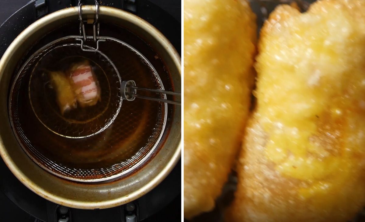 mini wonton burritos cooking in a deep fryer