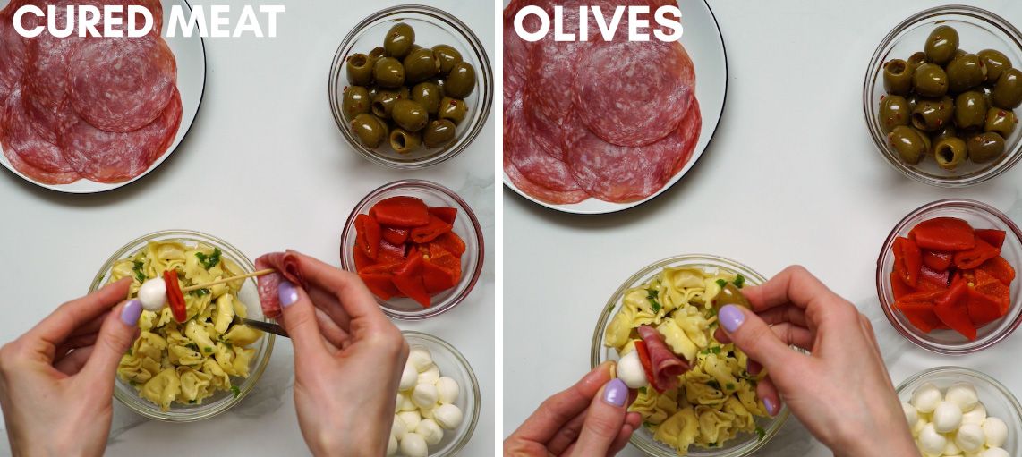 antipasto ingredients being put on a bamboo skewer