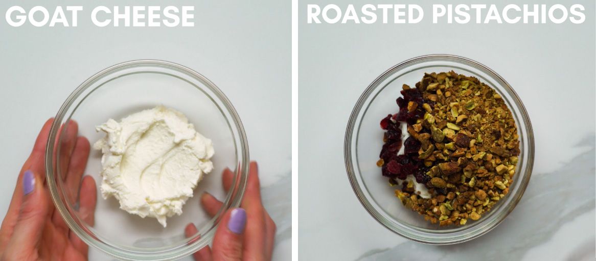 goat cheese, pistachios, salt and dried cranberries in a glass mixing bowl