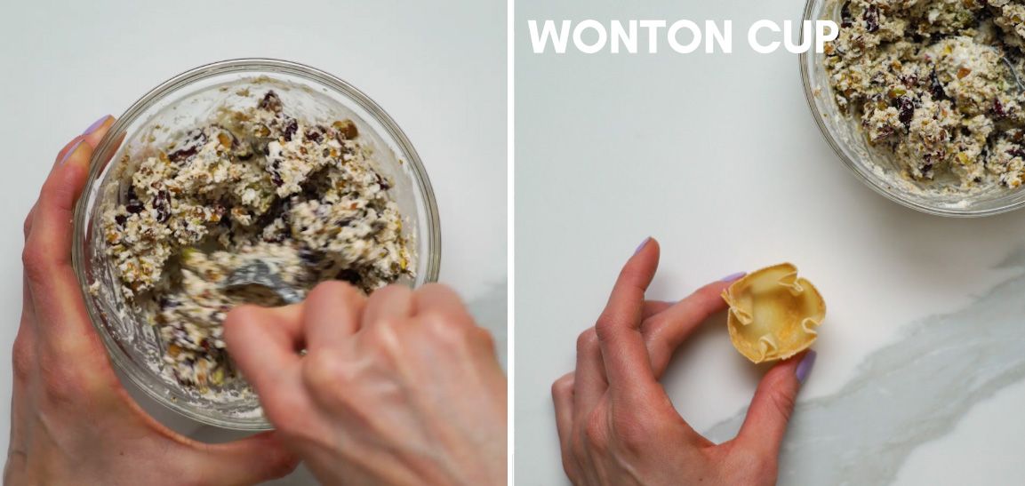 goat cheese mixture being stirred in the glass bowl beside an empty wonton cup