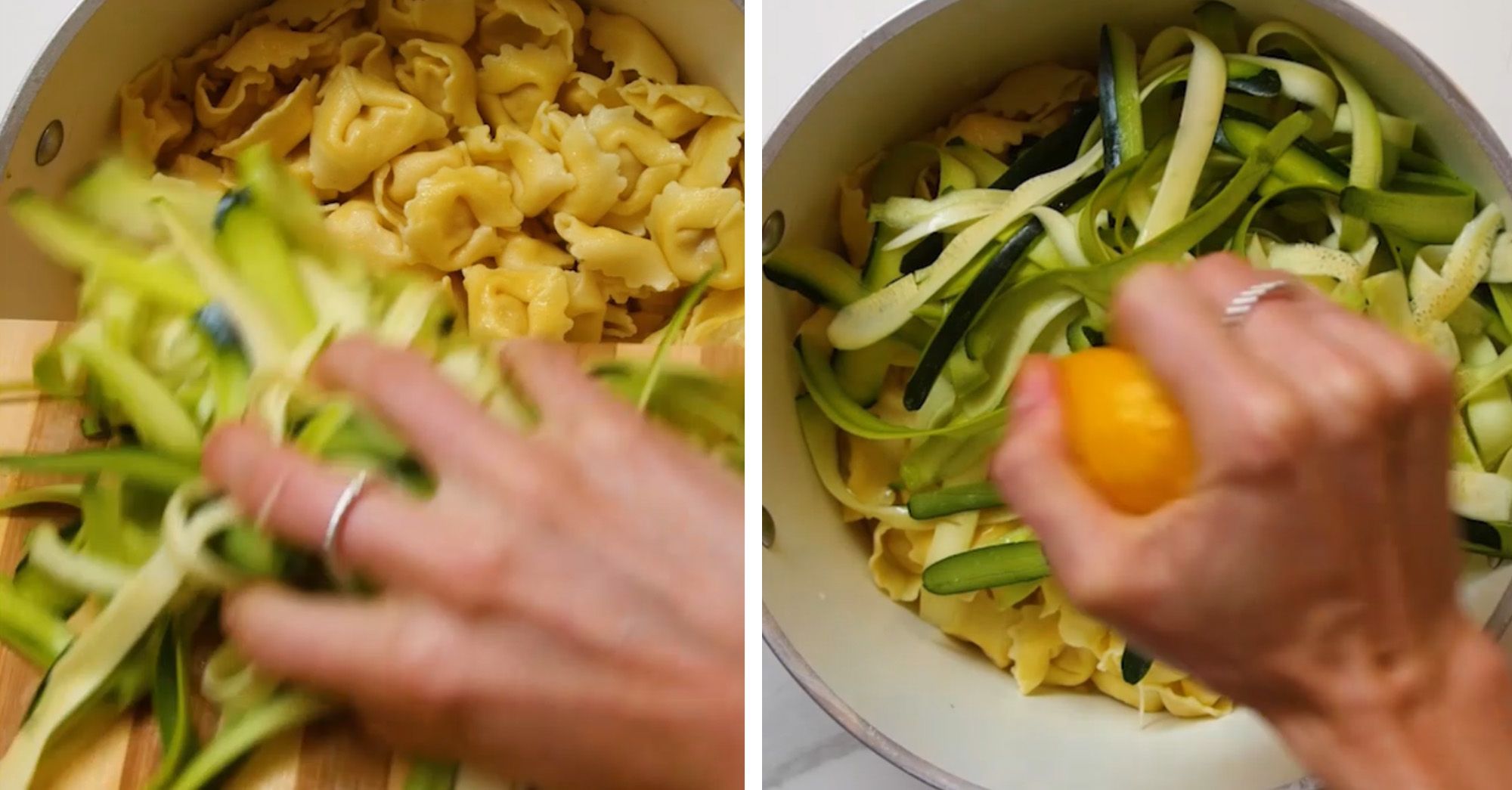 fresh lemon juice and zucchini being added to cooked cheese tortellini