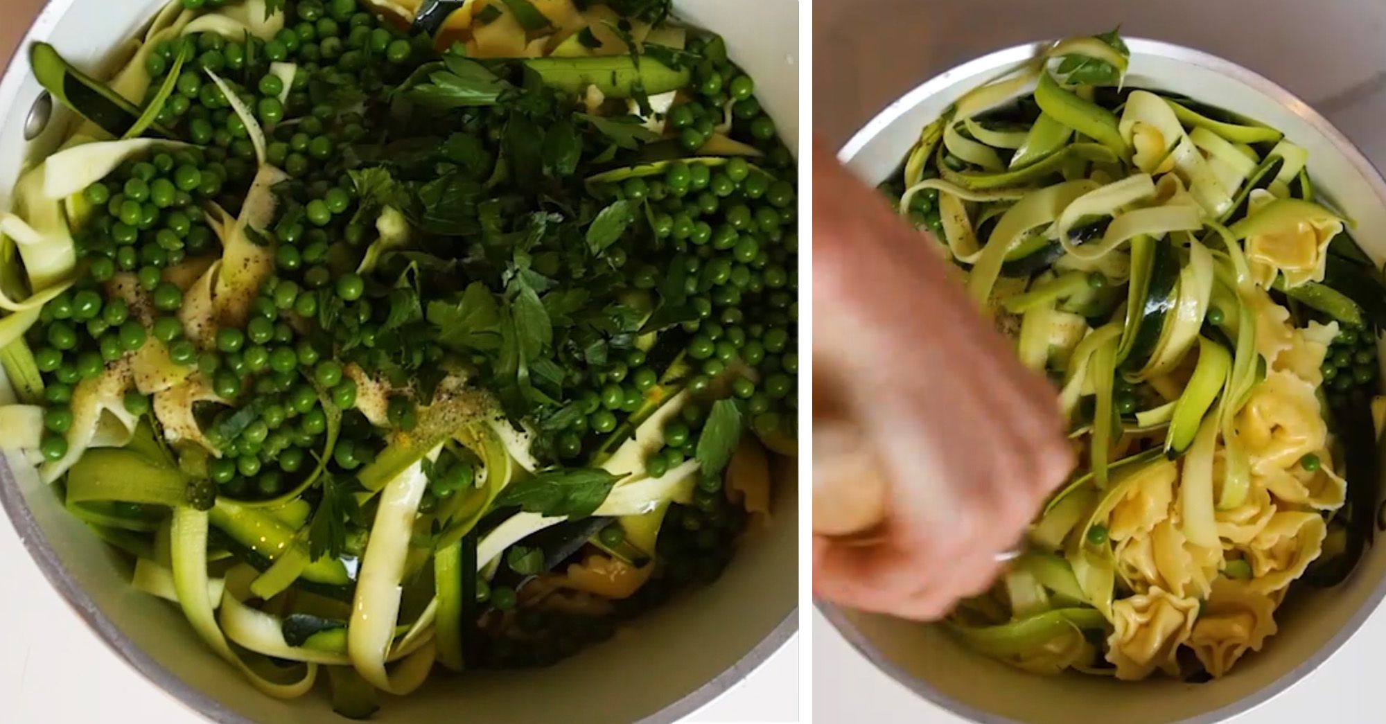 pasta salad being stirred to combine ingredients