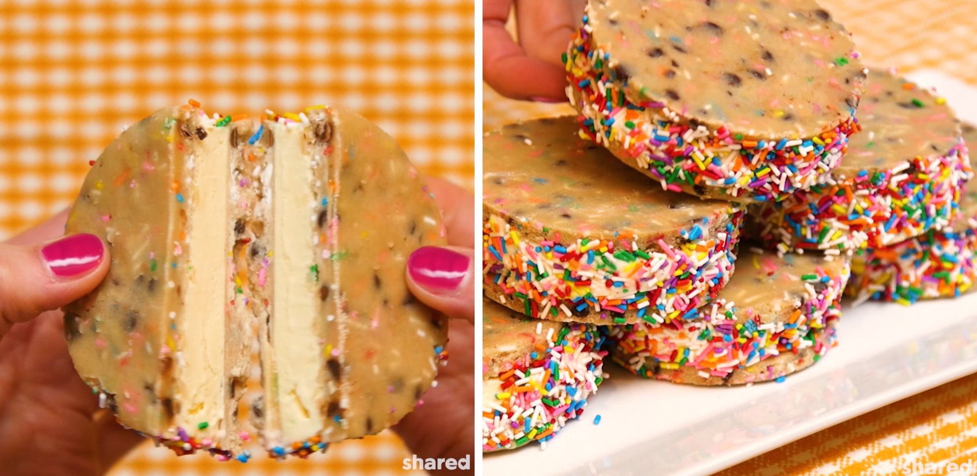 cookie dough ice cream sandwich split in half