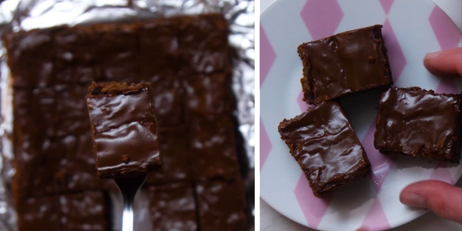 Baked fetish brownies sliced and on a pink and white plate