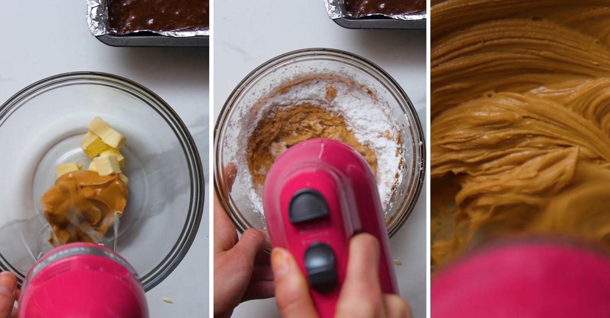 peanut butter and icing sugar brownie layer being beaten with a pink electric beater