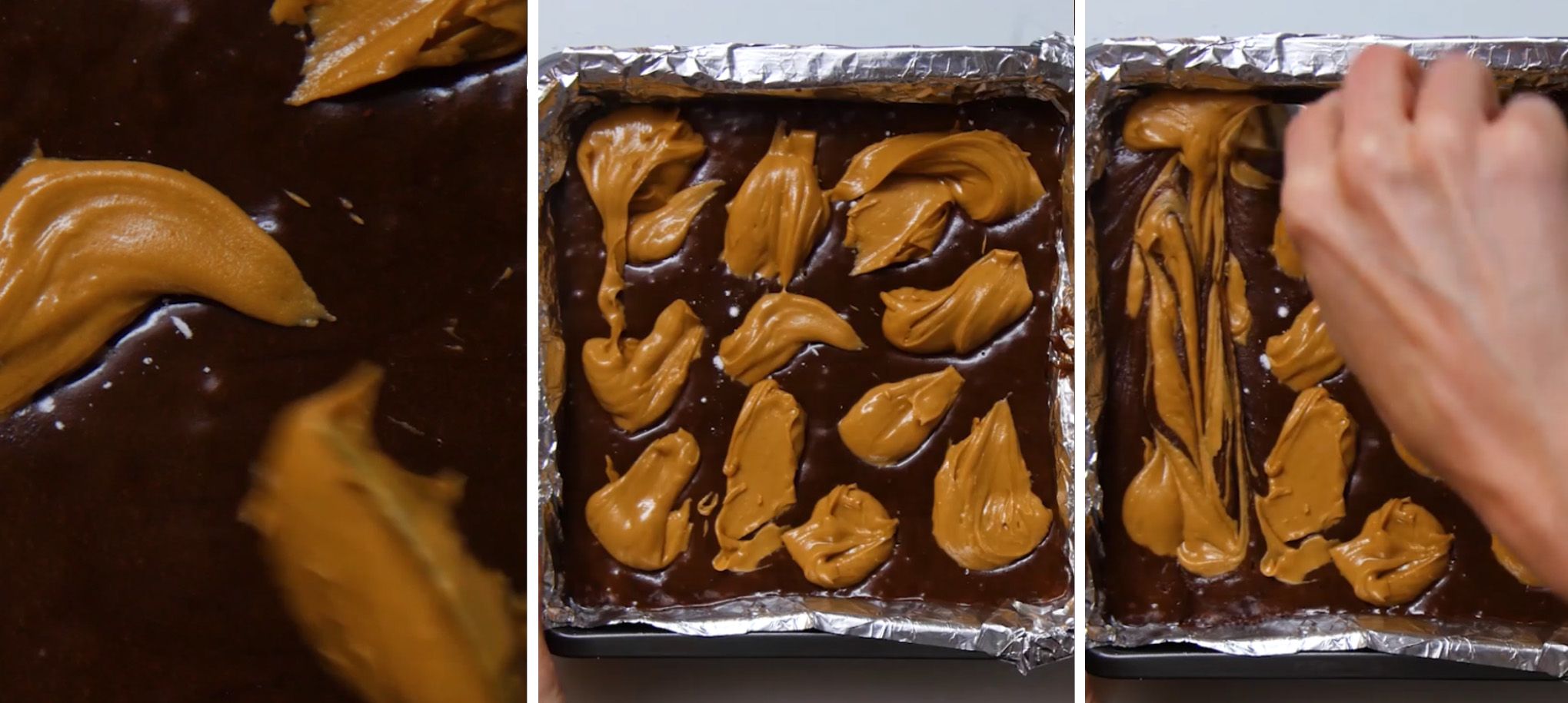 fetish brownies being layered with peanut butter layer