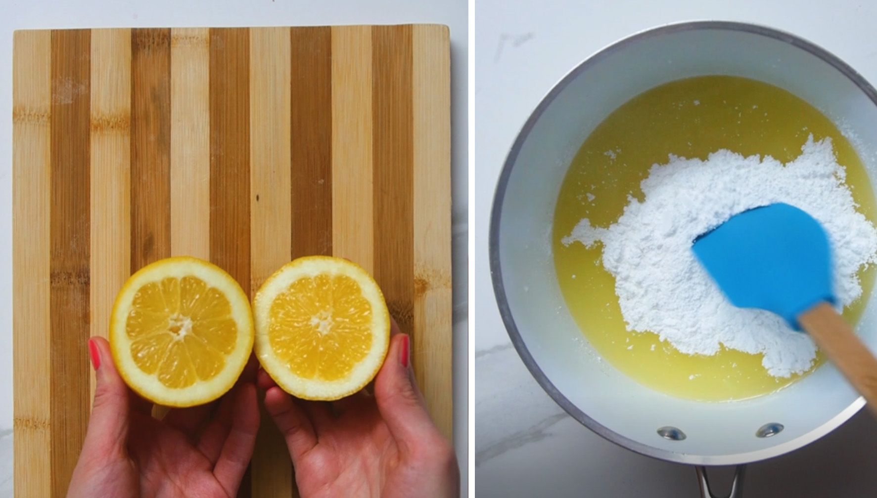 lemon cut in half with magnesium powder in a sauce pan