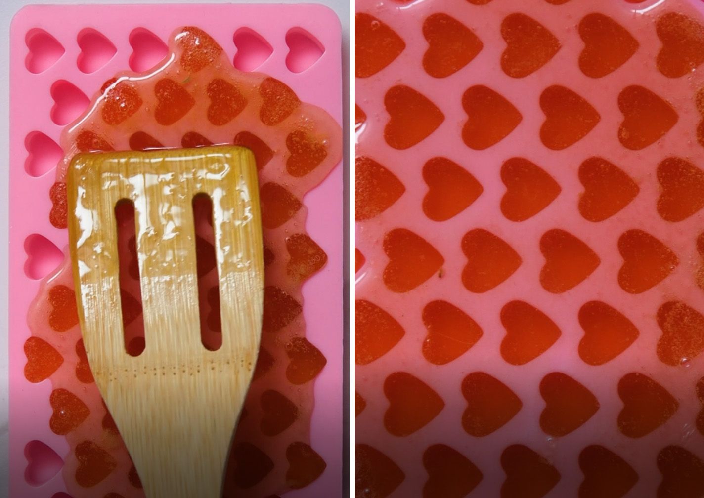 warm lemon gelatin mixture being poured into silicone molds