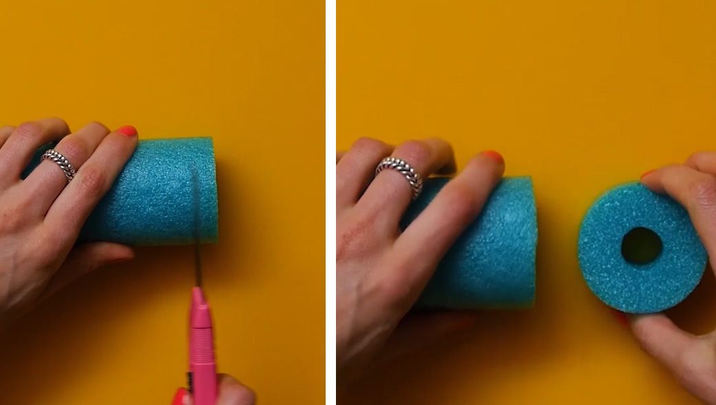 blue pool noodle end being cut off