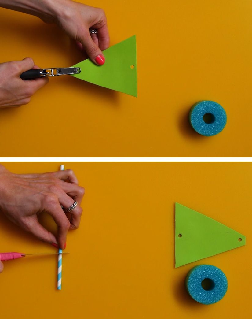 green foam sail being hole punched 