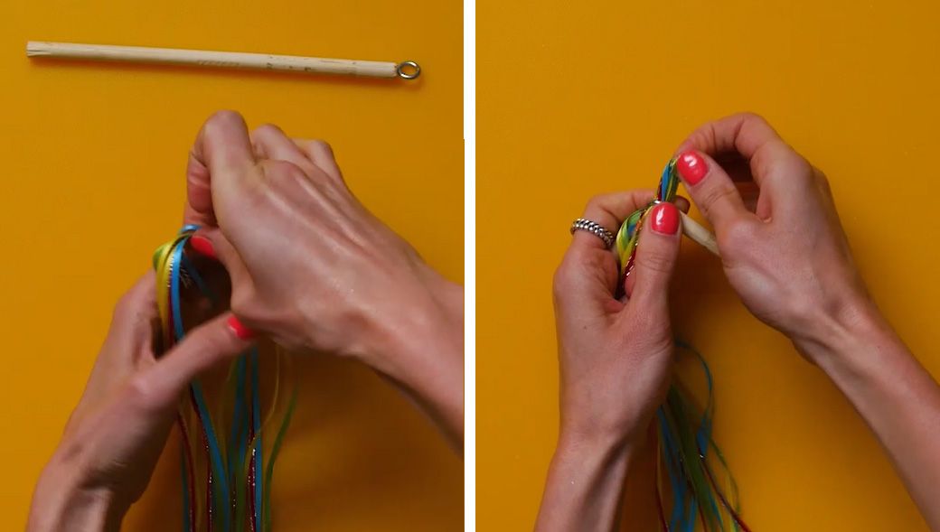 ribbon being threaded through the top of an eye bolt