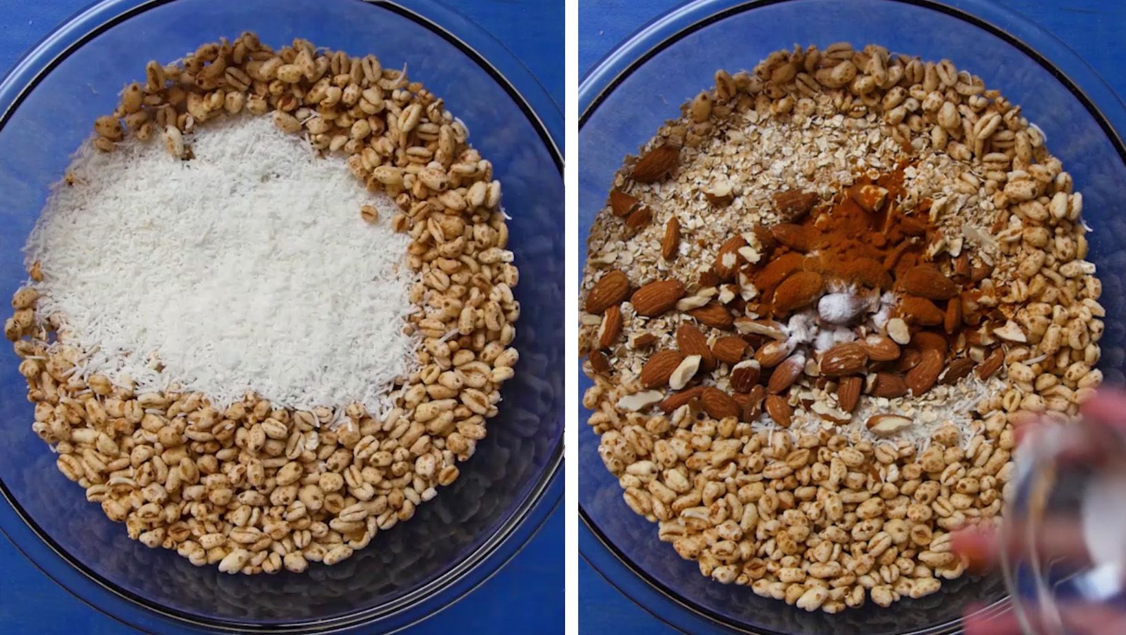 dry granola ingredients being mixed in a glass bowl