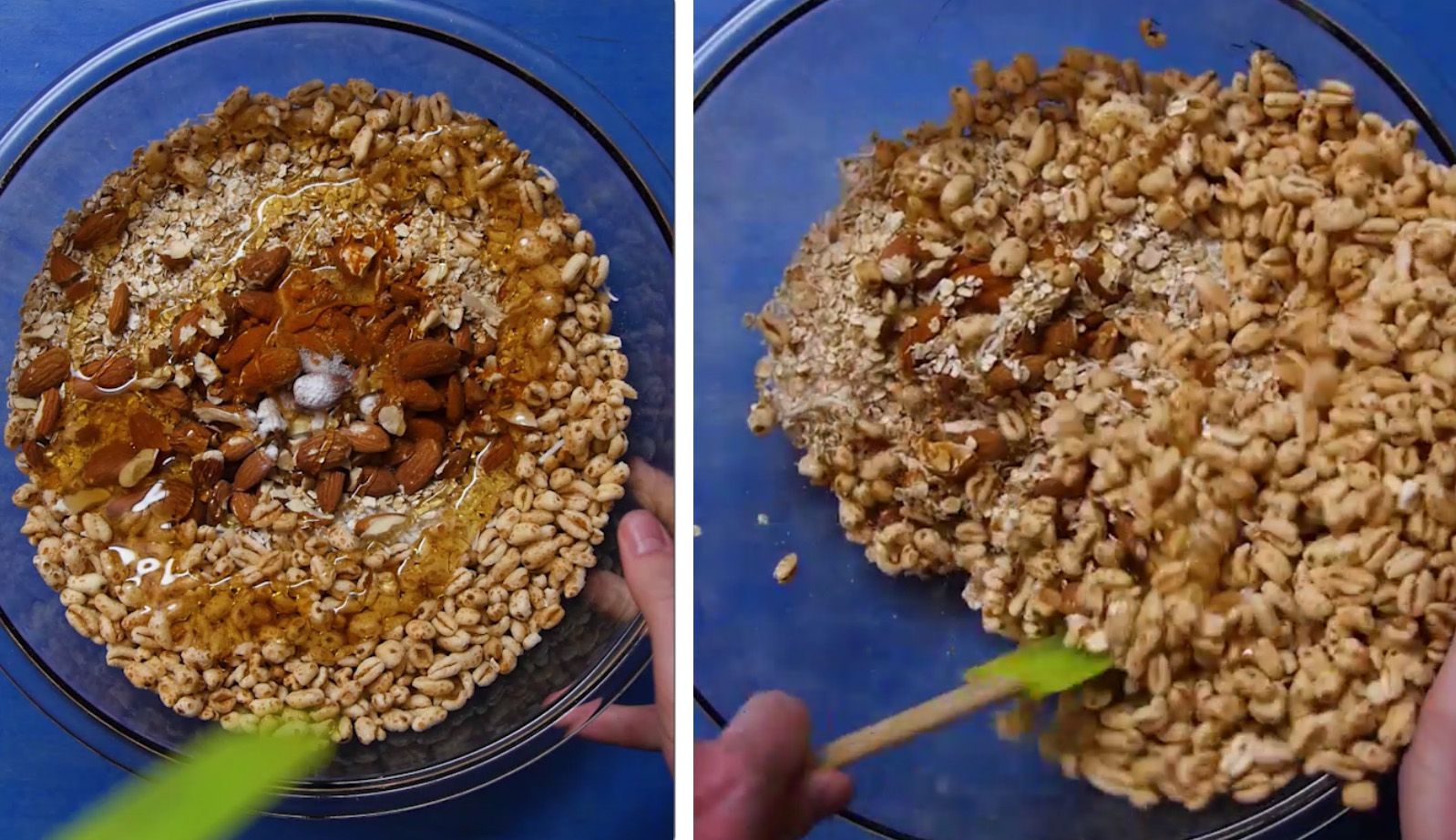 honey being mixed into uncooked granola