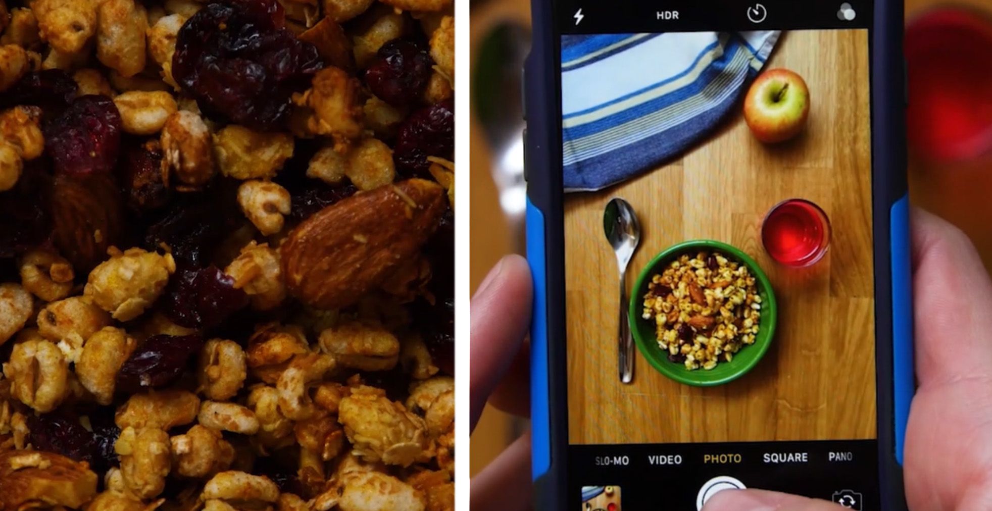 close up of granola and an overhead photo being taken of granola in a green bowl