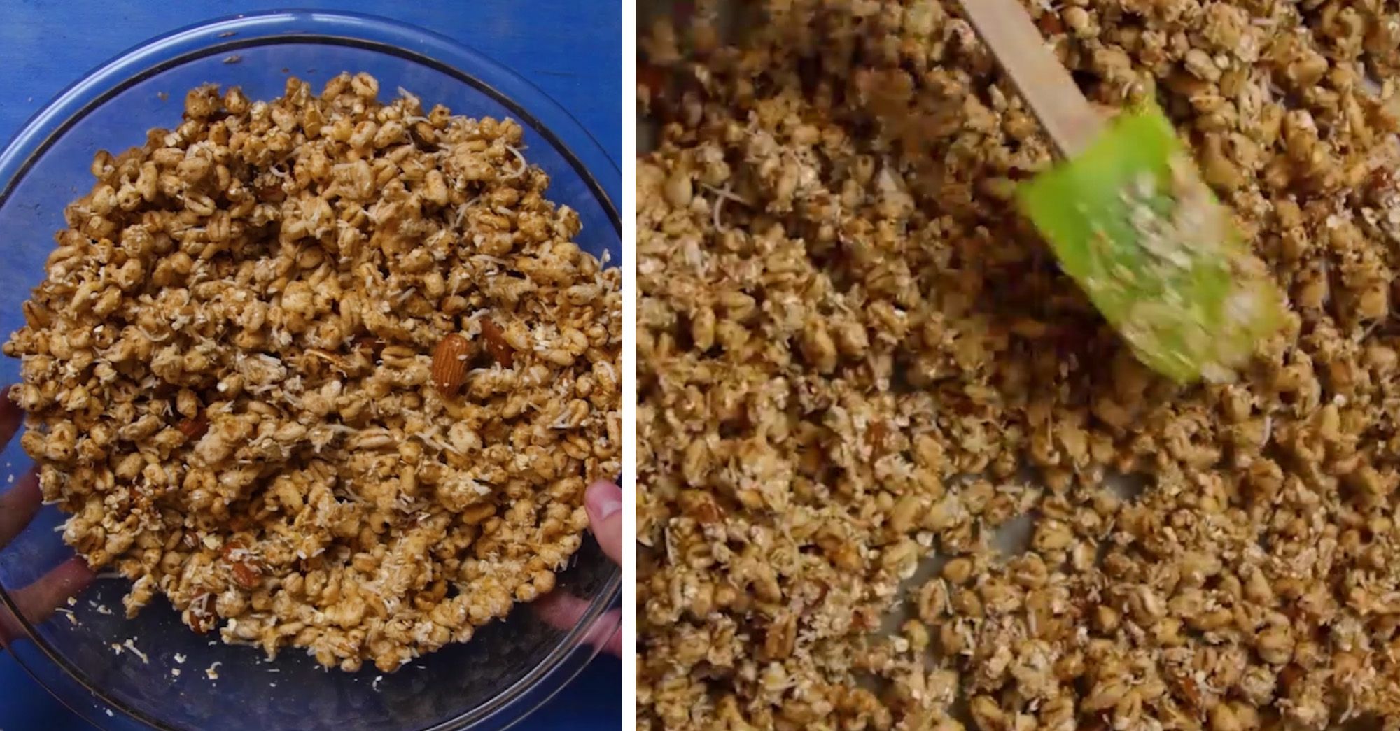uncooked granola being spread on a pan