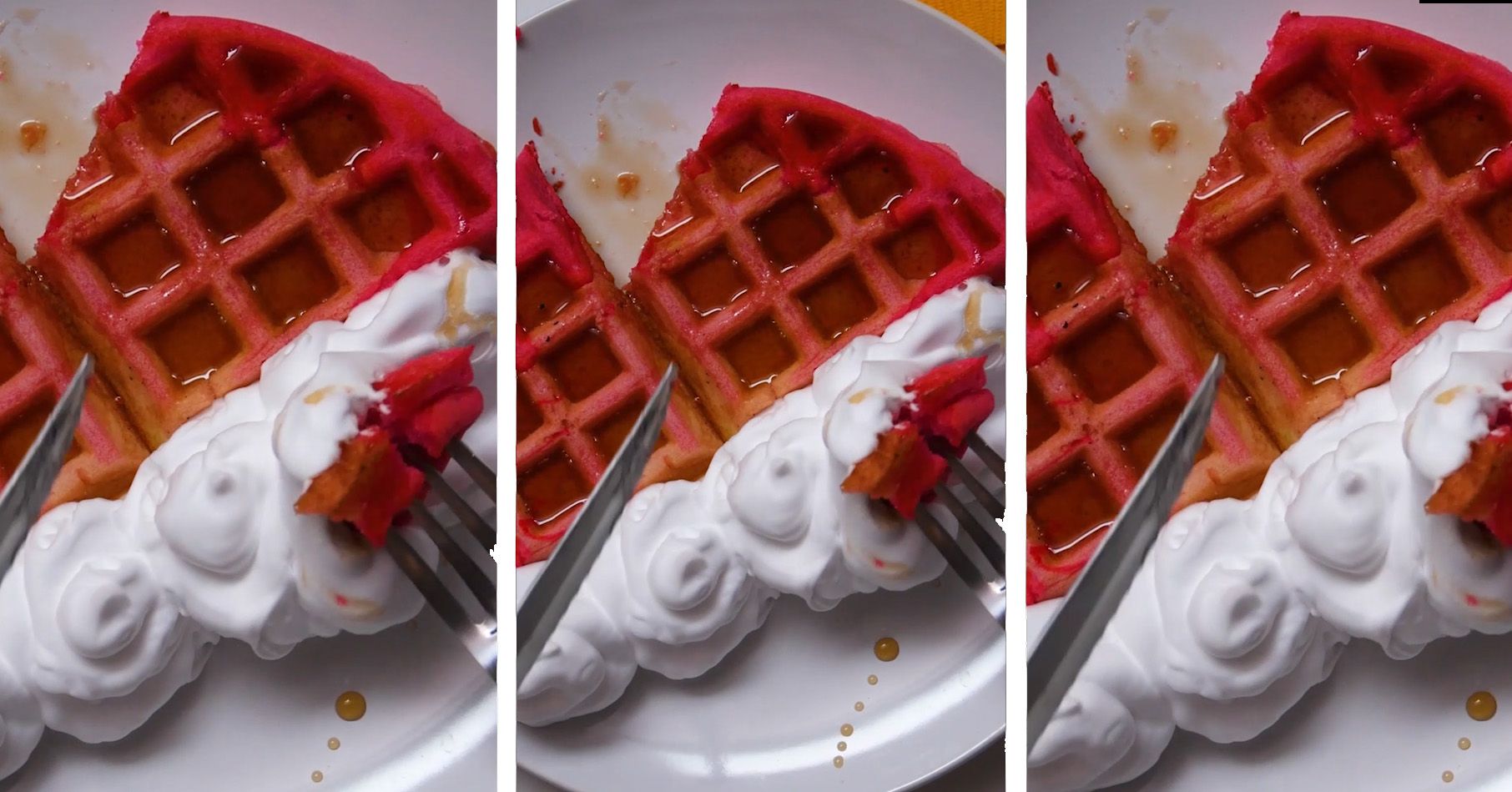 pink ombre waffle with whipped cream being picked up on a silver fork