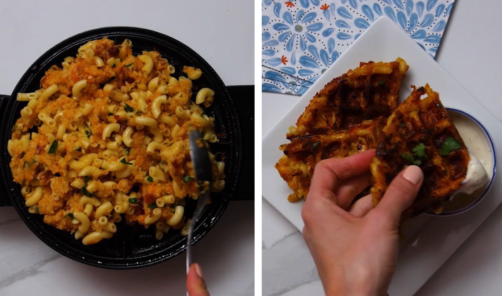 completed mac and cheese waffles with ranch dip on a white plate