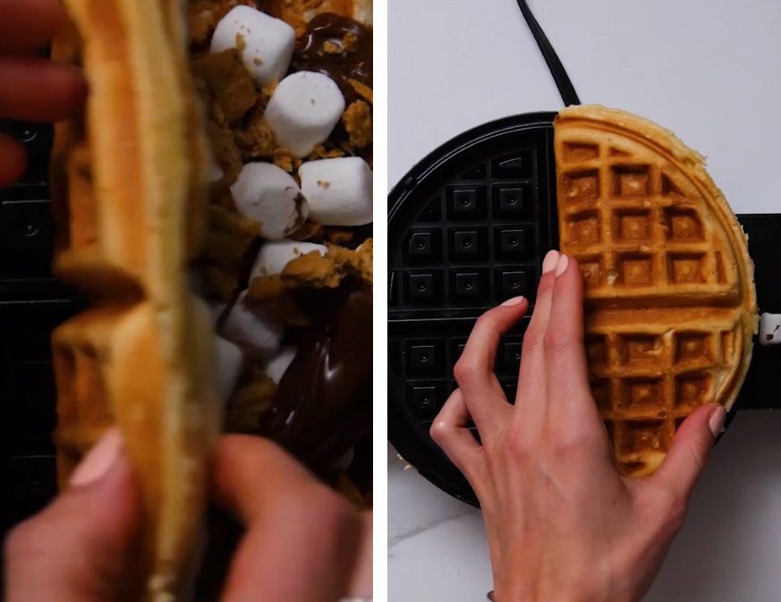 Close up of a smore waffle being made in a waffle iron