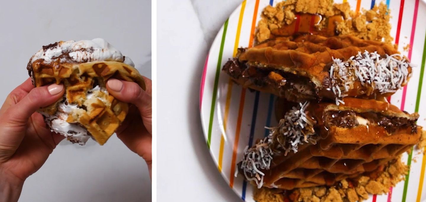 Smore Waffle plated with toasted coconut and being pulled apart with gooey marshmallow