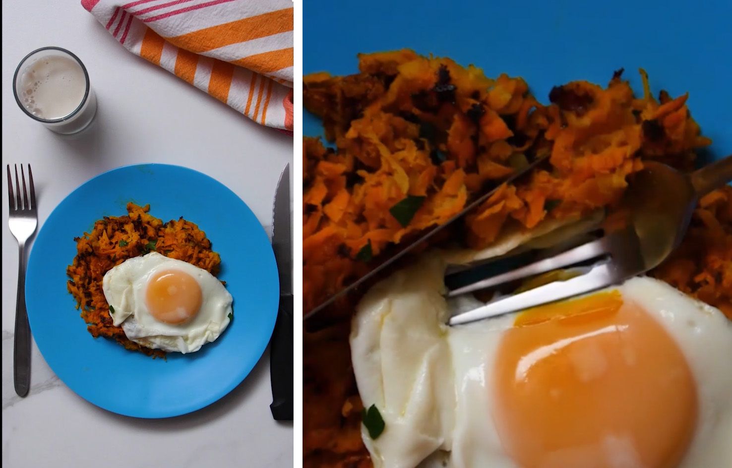 sweet potato waffle plated on a blue plate and topped with a fried egg