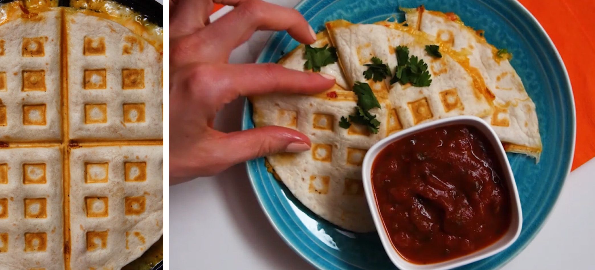 completed quesadilla on a blue plate with salsa